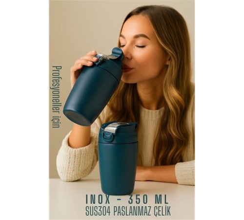 Inox Çelik Kahve Bardağı - 350 ml  SUS304 Çelik Termos Profesyonel MAVİ