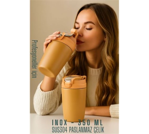 Inox Çelik Kahve Bardağı - 350 ml  SUS304 Çelik Termos Profesyonel LATTE