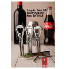 4 lü set Barmen Tipi Şişe Açacağı ve Tirbuşon Konserve Açıcı Dayanıklı ve Pratik