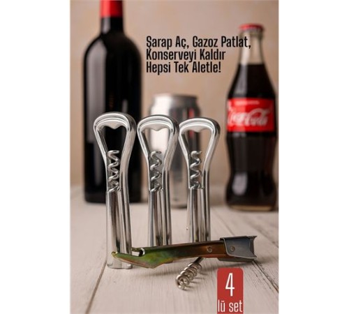 4 lü set Barmen Tipi Şişe Açacağı ve Tirbuşon Konserve Açıcı Dayanıklı ve Pratik