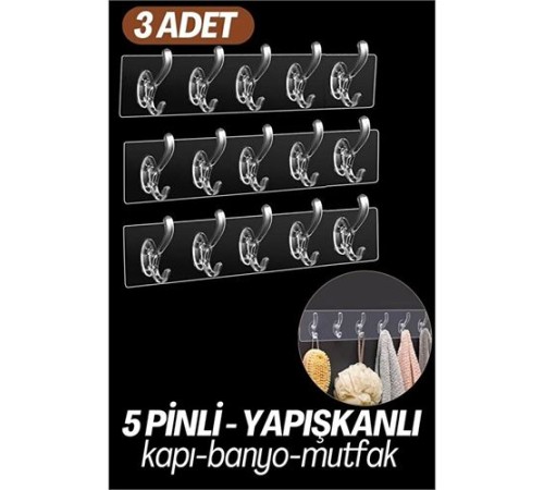 5 Pinli 3 lü set Yapışkanlı Askı Xenoty Design