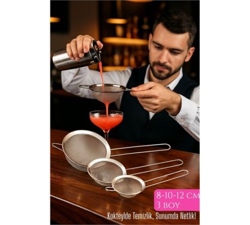 3’lü Bar Süzgeci Seti – 8-10-12 cm Çaplı Paslanmaz Çelik | Kokteyl ve Mutfak İçin