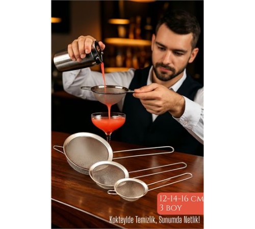3’lü Bar Süzgeci Seti – 12-14-16 cm Çaplı Paslanmaz Çelik | Kokteyl ve Mutfak İçin