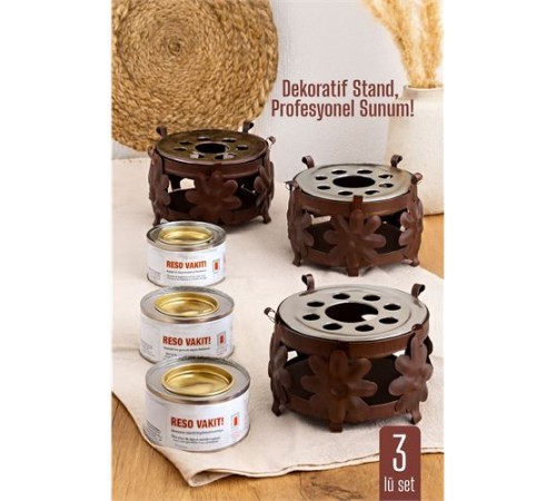 3 lü SET Dekoratif Metal Osmanlı Ocağı ve Reşo Yakıtı – Isıtmalı Sunum İçin Güvenli ve Şık Çözüm