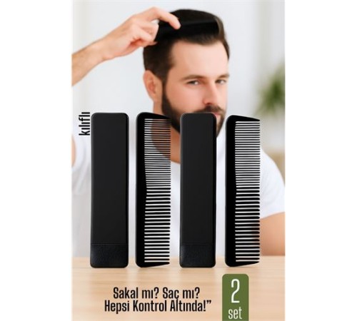 2 li Kılıflı Cep Tarağı – 14 x 3 cm | Kompakt, Şık ve Taşınabilir Erkek Bakım Tarağı