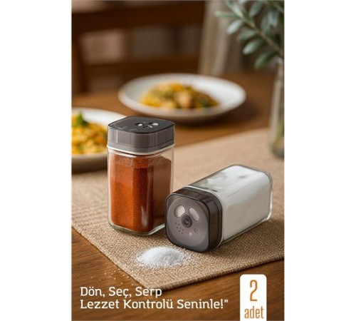 Cam Tuzluk Baharatlık – 360° Döner Kapaklı | 3 Delik Tipiyle Ayarlanabilir Akış   2 ADET