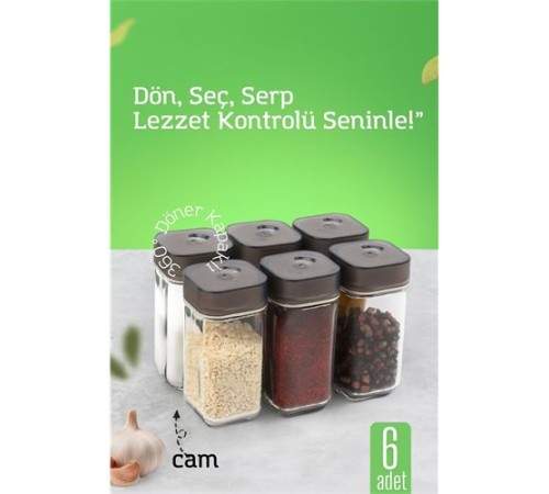 Cam Tuzluk Baharatlık – 360° Döner Kapaklı | 3 Delik Tipiyle Ayarlanabilir Akış  6 ADET