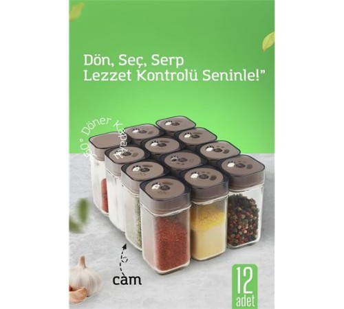 Cam Tuzluk Baharatlık – 360° Döner Kapaklı | 3 Delik Tipiyle Ayarlanabilir Akış  12 ADET
