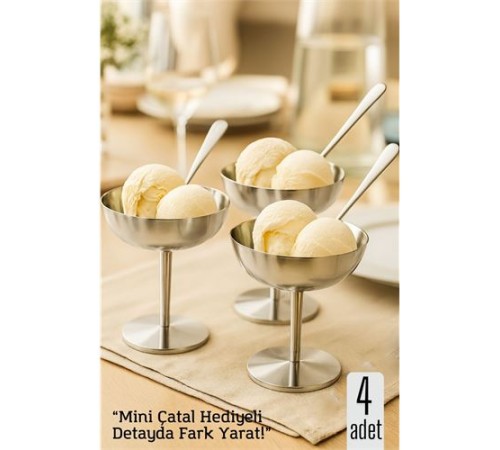 4 lü Gümüş Inox Çelik Ayaklı Dondurma ve Sunum Kasesi – Tatlı, Lokum ve Sunum Kabı