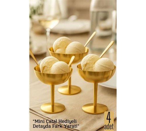 4 lü Gold Inox Çelik Ayaklı Dondurma ve Sunum Kasesi – Tatlı, Lokum ve Sunum Kabı