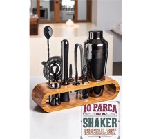 Shaker Kokteyl Set - 10 Parça 750 ML Shaker Coctail Set  Bambu Standlı