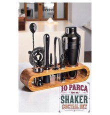 Shaker Kokteyl Set - 10 Parça 750 ML Shaker Coctail Set  Bambu Standlı