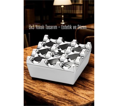 Metal Döküm Küllük – 3x3 Yuvalı, Krom , Modern ve Ağırlıklı Tasarım 7