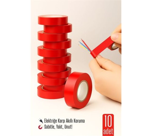 10'LU KIRMIZI Elektrik  Bandı – Yüksek Yalıtım Gücü, Kablo Sabitleme ve Elektrik Koruma İçin