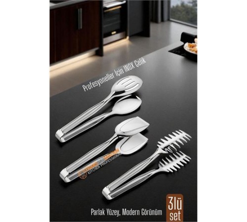 3’lü İnox Çelik Mutfak Maşa Seti - Makarna Pasta Salata Çok Amaçlı Maşa 3 lü SET