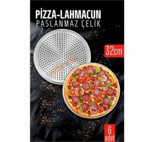 6 lı  Paslanmaz Çelik Pizza-Lahmacun Tepsisi – Delikli Tasarım ile Mükemmel Pişirme  32 cm