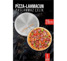 6 lı  Paslanmaz Çelik Pizza-Lahmacun Tepsisi – Delikli Tasarım ile Mükemmel Pişirme  28 cm