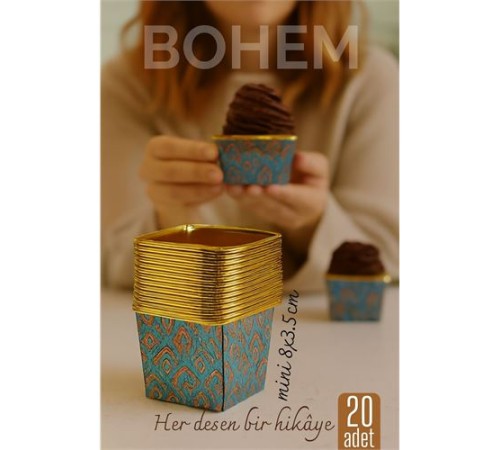 Bohem Kare Kek Kalıbı , Alüminyum  Cupcake Muffin Kalıbı 20'li Paket