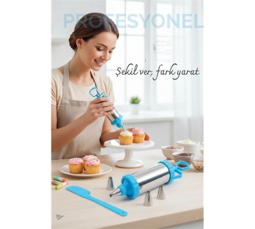 Krema Sıkma Pompası Paslanmaz Çelik – 3 Uçlu, 20 cm, Parti ve Pasta Dekorları İçin Profesyonel Yardımcı