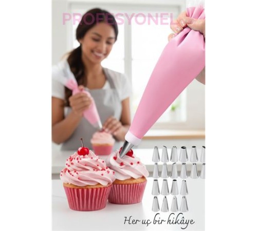 20 Uçlu Pasta Süsleme Seti – 2 Krema Torbası, Paslanmaz Uçlar, Profesyonel ve Ev Kullanımı İçin