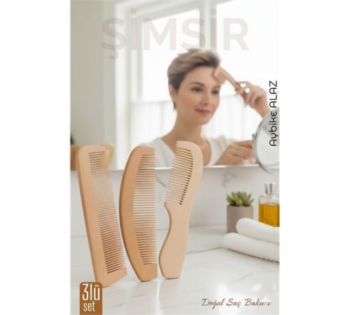 3 lü Doğal Şimşir Ahşap Tarak Seti– 16 cm, Anti-statik, Kepek Karşıtı ve El Yapımı