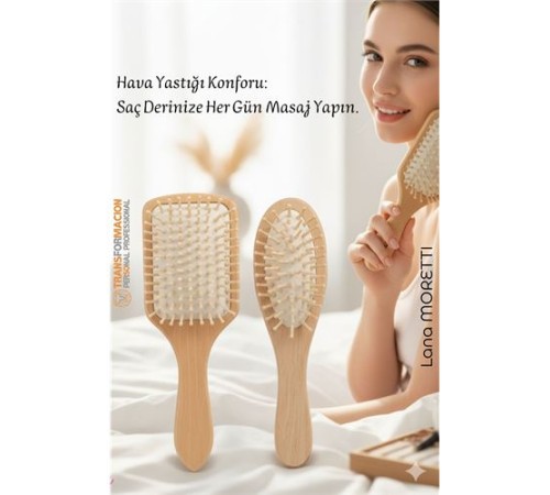 Doğal Ahşap Antistatik Hava Yastıklı Saç Fırçası (2 Boy: 23x8 & 22x6 cm) -