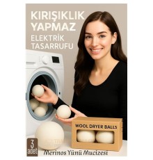 3’lü Kurutma Makina Topu – Merinos Yün Kurutma Topları Doğal Yumuşatıcı, Kırışık Önleyici, Enerji Tasarruflu