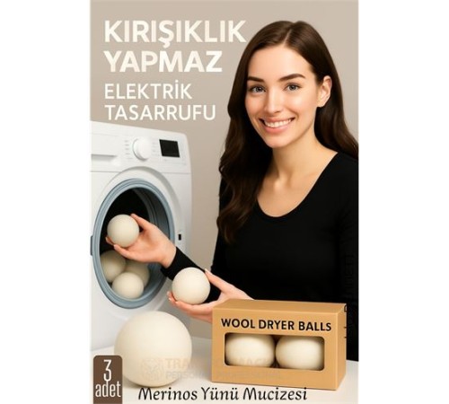 3’lü Kurutma Makina Topu – Merinos Yün Kurutma Topları Doğal Yumuşatıcı, Kırışık Önleyici, Enerji Tasarruflu
