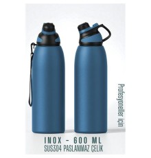 Inox Çelik Termos - 600 ml  SUS304 Çelik Termos Profesyonel MAVİ
