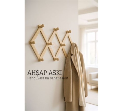 Ahşap Akordeon Duvar Askısı - Dekoratif, Çok Amaçlı, 10 Kancalı Akıllı Askılık