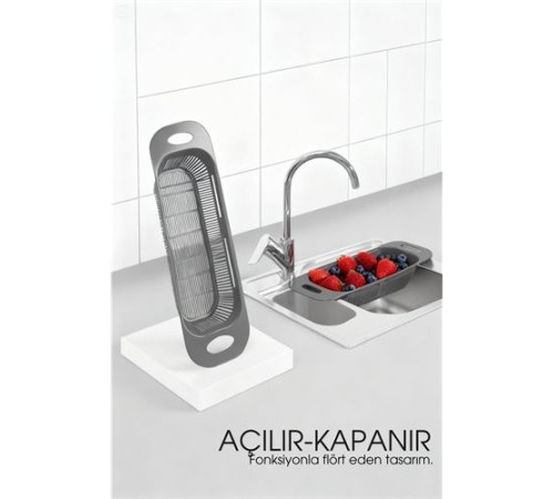 Ayarlanabilir Sürgülü Lavabo Süzgeci – Mutfak için Pratik ve Şık Tasarım GRİ