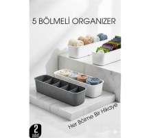 5 Bölmeli Dolap ve Çekmece İçi 2’li Set Organizer Kutusu (Gri & Beyaz)
