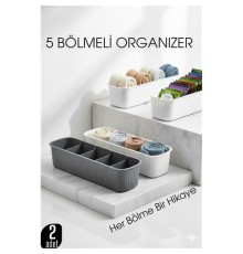 5 Bölmeli Dolap ve Çekmece İçi 2’li Set Organizer Kutusu (Gri & Beyaz)