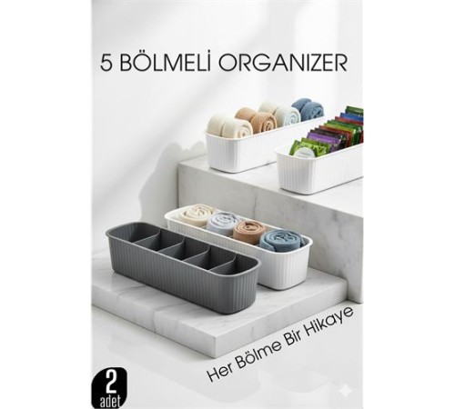 5 Bölmeli Dolap ve Çekmece İçi 2’li Set Organizer Kutusu (Gri & Beyaz)