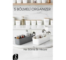 5 Bölmeli Mutfak Organizer Kutusu Gri & Beyaz 2’li Set  Baharat ve Gereç Düzenleyici