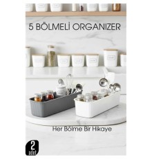 5 Bölmeli Mutfak Organizer Kutusu Gri & Beyaz 2’li Set  Baharat ve Gereç Düzenleyici