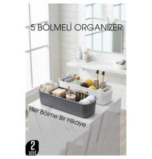 5 Bölmeli Banyo ve Makyaj Organizer Kutusu Gri & Beyaz 2’li Set  Tezgah Üstü Düzenleyici