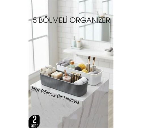 5 Bölmeli Banyo ve Makyaj Organizer Kutusu Gri & Beyaz 2’li Set  Tezgah Üstü Düzenleyici