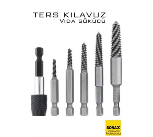 Bits Uzatmalı Ters Kılavuz 6 lı Set Saf Çelik Kırık Civata Vida Sökücü