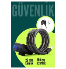 22mm Çelik Halatlı Bisiklet Kilidi - 160cm Anahtarlı Scoooter Motosiklet Kilidi