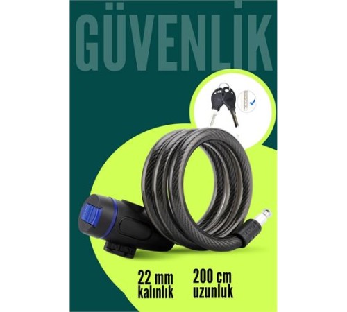 22mm Çelik Halatlı Bisiklet Kilidi - 200cm Anahtarlı Scoooter Motosiklet Kilidi