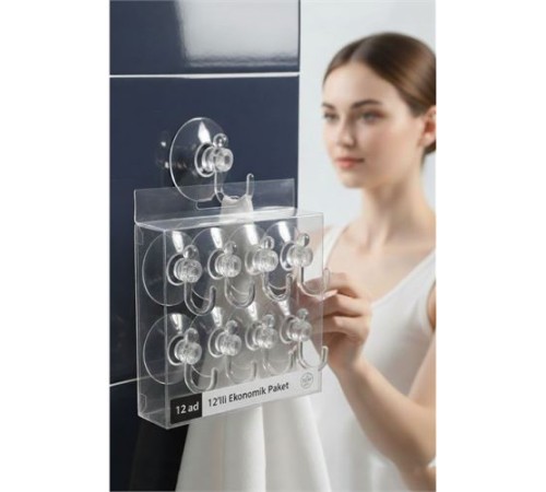 12'li Şeffaf Askılı Vantuz Kanca | Banyo & Mutfak Duvar Askısı (4cm) - 1.36kg Taşıma