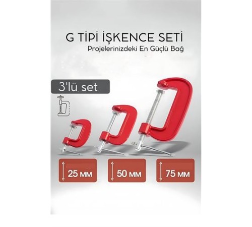 Profesyonel G Tipi İşkence Seti 3'lü: 25-50-75 mm Döküm Metal Ağaç İşleme ve Montaj Kelepçesi Takımı