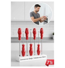 7'li Profesyonel Tornavida Seti | Ergonomik Kırmızı Saplı | Düz ve Yıldız Uçlar | CR-V