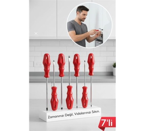 7'li Profesyonel Tornavida Seti | Ergonomik Kırmızı Saplı | Düz ve Yıldız Uçlar | CR-V