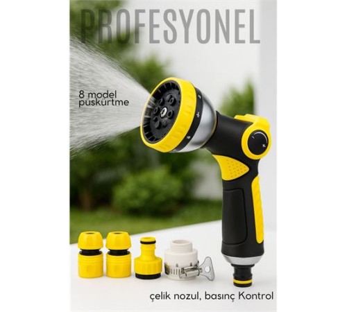 Profesyonel 8 Modelli Metal Basınçlı Sulama Tabancası Seti | Ayarlanabilir Jet | Hortum Konnektörlü