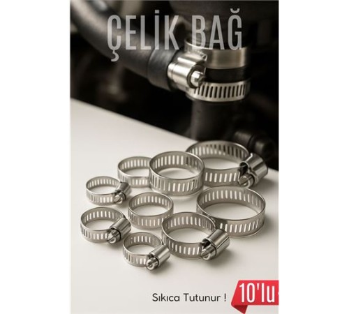 10'lu Hortum Kelepçesi Seti | 5 Boy Çelik Ayarlanabilir Vidalı Kelepçe | 13-27mm