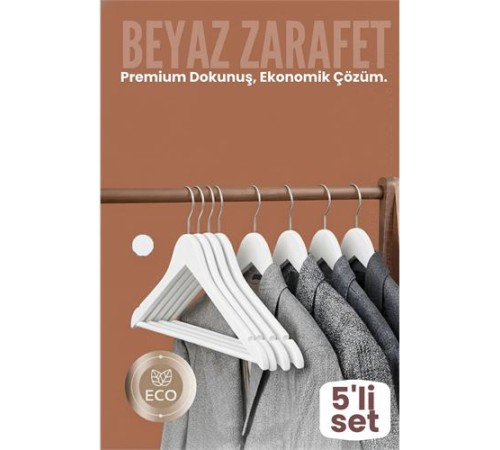 5'li Lüks Beyaz Elbise Ceket Askısı - Ergonomik & Kaymaz Plastik Askı Seti -  Ahşap Görünümlü