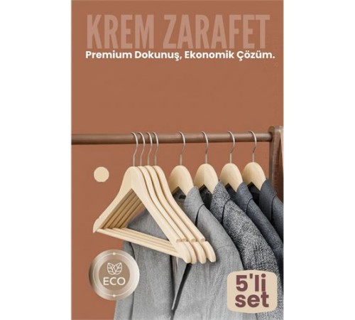 5'li Lüks Krem Elbise Ceket Askısı - Ergonomik & Kaymaz Plastik Askı Seti -  Ahşap Görünümlü