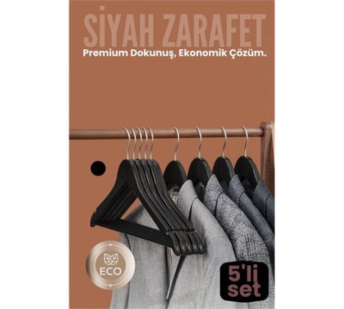5'li Lüks Siyah Elbise Ceket Askısı - Ergonomik & Kaymaz Plastik Askı Seti -  Ahşap Görünümlü